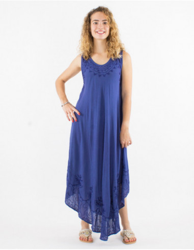 Robe longue de plage fluide en coton avec surpiqures baba cool basique unie bleu marine