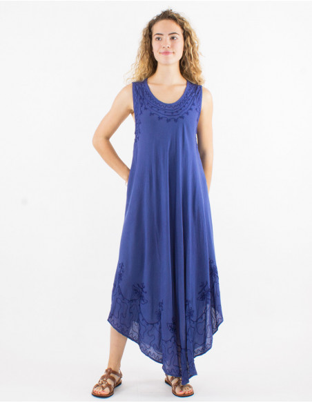 Robe longue sans manches pour l'été fluide transparente unie en coton bleu marine avec surpiqûres baba cool