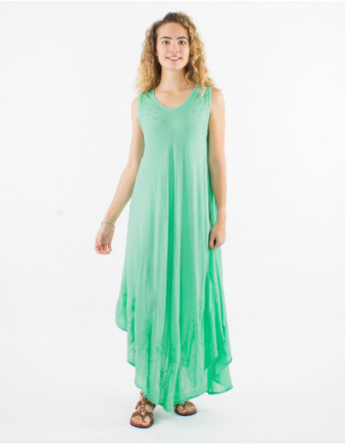 Robe longue de plage fluide en coton avec surpiqures baba cool basique unie vert menthe