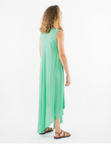 Robe longue de plage transparente en coton unie basique vert menthe avec broderies ethniques