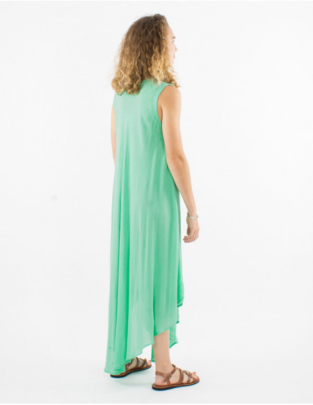 Robe longue de plage transparente en coton unie basique vert menthe avec broderies ethniques