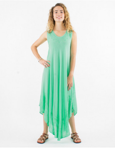Sleeveless long dress for summer flowing transparent plain cotton mint green with baba cool stitching