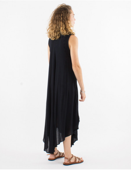 Black basic cotton sheer beach dress with ethnic embroidery