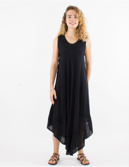 Robe longue sans manches pour l'été fluide transparente unie en coton noir avec surpiqûres baba cool