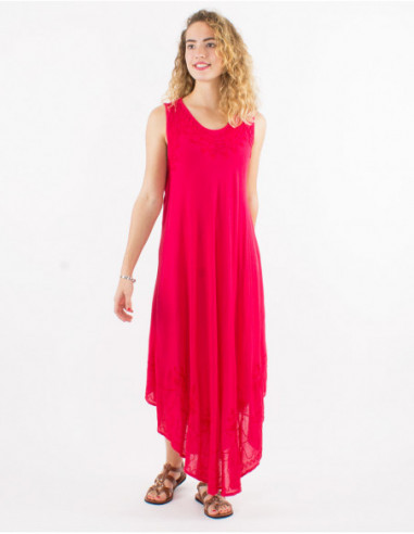 Robe longue de plage fluide en coton avec surpiqures baba cool basique unie rouge