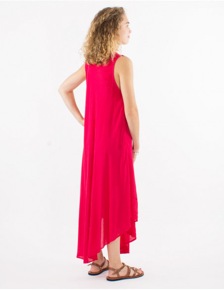 Robe longue de plage transparente en coton unie basique rouge avec broderies ethniques