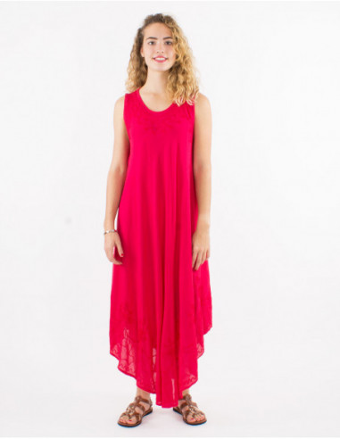 Sleeveless summer maxi dress in red cotton with baba cool stitching