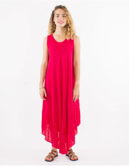 Sleeveless summer maxi dress in red cotton with baba cool stitching