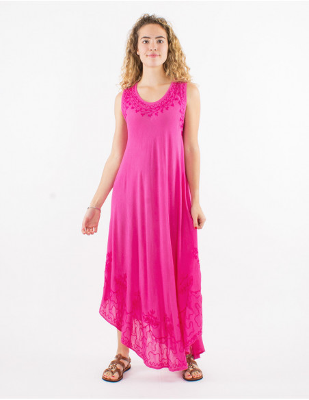 Robe longue de plage fluide en coton avec surpiqures baba cool basique unie rose