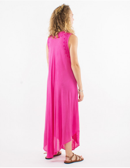Basic pink cotton sheer long beach dress with ethnic embroidery