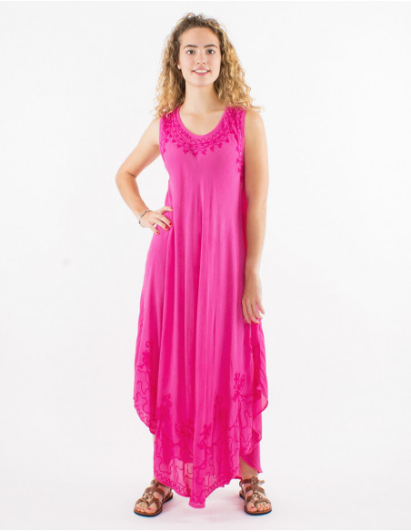 Sleeveless long dress for summer fluid transparent plain pink cotton with baba cool stitching