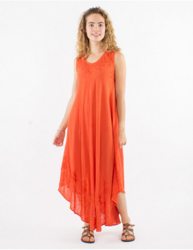 Long flowing cotton beach dress with baba cool stitching basic plain rust