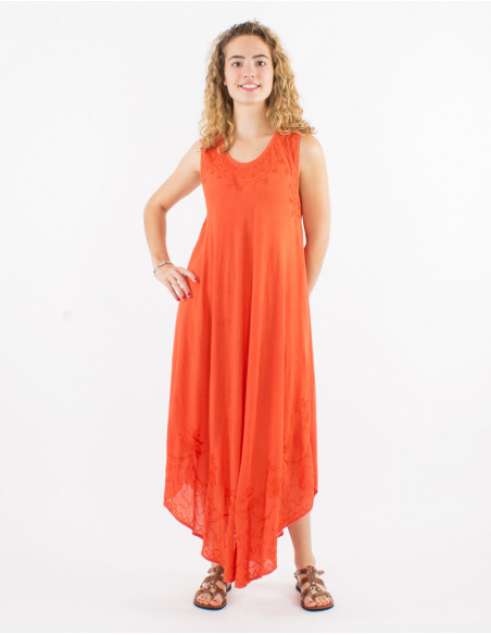 Robe longue sans manches pour l'été fluide transparente unie en coton rouille orangé avec surpiqûres baba cool