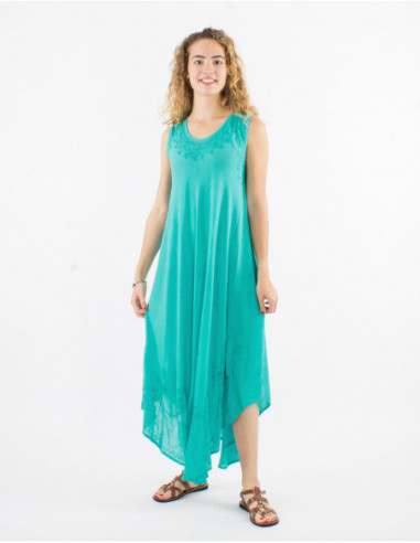 Robe longue de plage fluide en coton avec surpiqures baba cool basique unie bleu turquoise