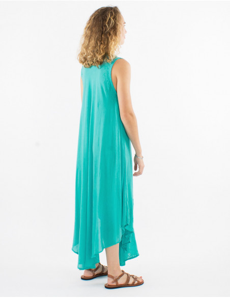Robe longue de plage transparente en coton unie basique bleu turquoise avec broderies ethniques