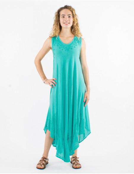 Robe longue sans manches pour l'été fluide transparente unie en coton bleu turquoise avec surpiqûres baba cool