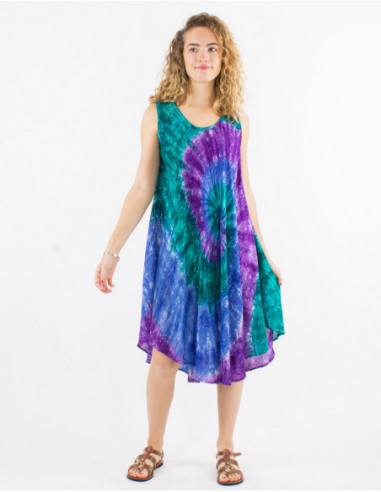 Robe courte de plage baba cool sans manches à imprimé spirale multicolore bleu