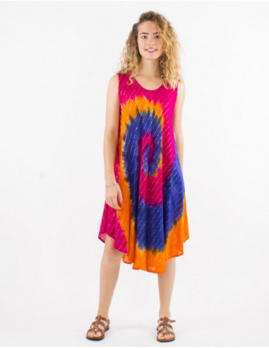 Robe courte de plage baba cool sans manches à imprimé spirale multicolore orange