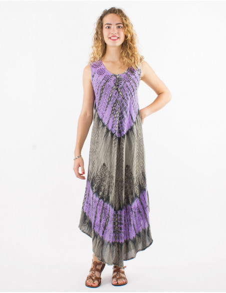 Women's asymmetrical summer long cotton dress with lilac Tie and Dye pattern