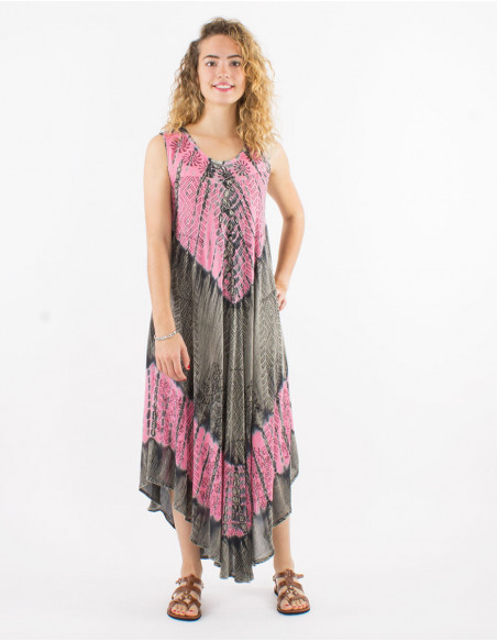 Robe longue été asymétrique en coton pour femme à motif Tie and Dye rose saumon