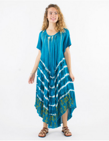 Robe longue asymétrique sans manches de plage Tie and Dye baba cool bleu turquoise