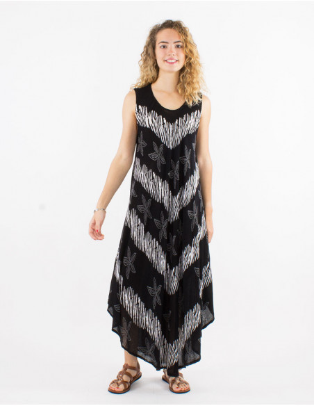 Original asymmetrical long dress for women with stripes and flowers print