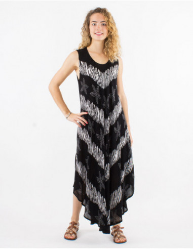 Asymmetrical long black cotton beach dress with baba cool print