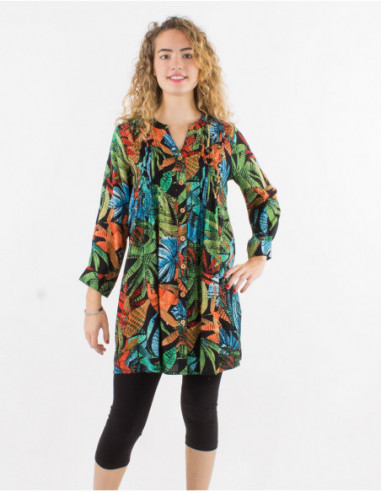Original cotton long sleeve tunic with black leaves print