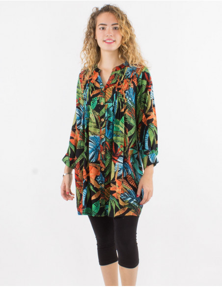 3/4 sleeve cotton tunic for spring 2023 with black baba cool foliage pattern