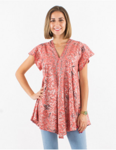 Women's flared flowing tunic with paisley baba cool pink