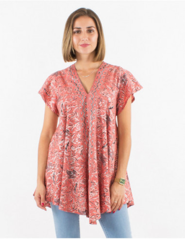 Comfortable summer top for women with original pink cashmere pattern