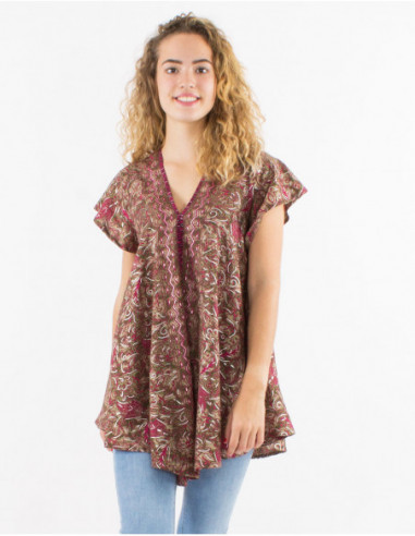 Women's flared flowing tunic with paisley baba cool brown taupe