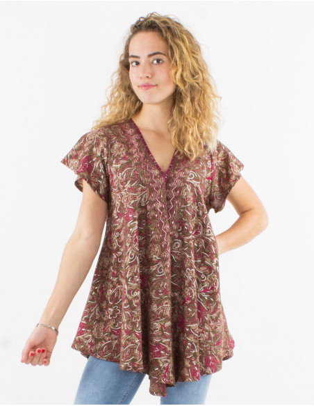 Comfortable summer top for women with original brown cashmere pattern