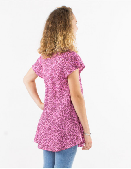 Loose-fitting summer blouse with baroque pink floral pattern