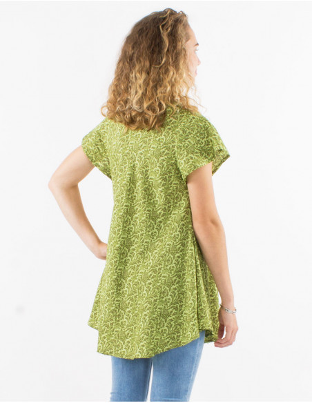Loose-fitting summer blouse with baroque green floral pattern