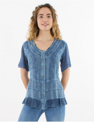 Chic short sleeve plain shirt with embroidery and lace sexy blue