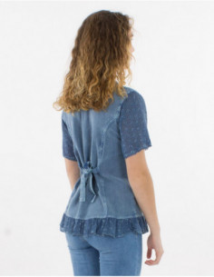 Chic short sleeve plain shirt with embroidery and lace sexy blue 2