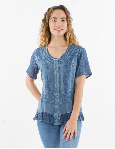 Original chic blouse for women short sleeves with embroidery and lace blue