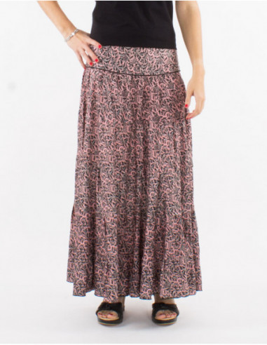 Women's long flowing skirt with salmon pink boho chic patterns