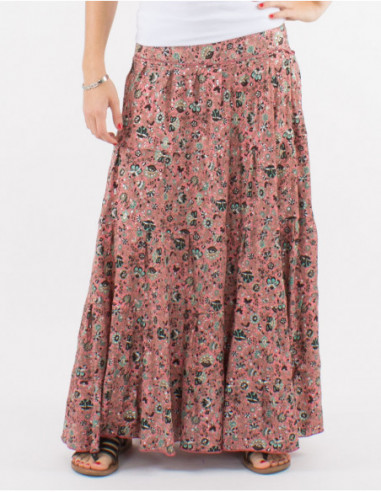 Long skirt boho chic silver floral pattern pink