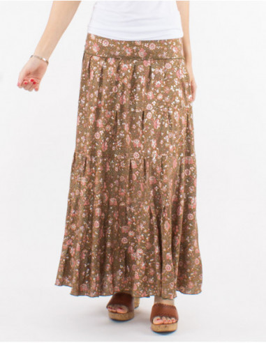 Long skirt boho chic silver floral pattern taupe