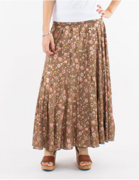 Jupe longue évasée fluide baba cool fleurie marron taupe