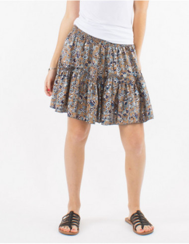 Short skirt with ruffles and smocks printed silver floral grey