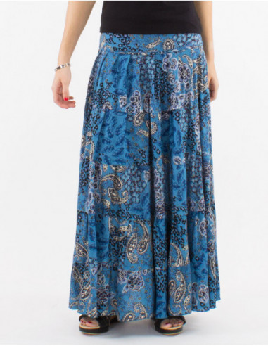 Long flowing skirt with udder for spring in blue silver paisley print