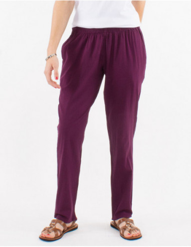 Pantalon femme en coton basique pour l'été coupe droite uni rouge bordeaux