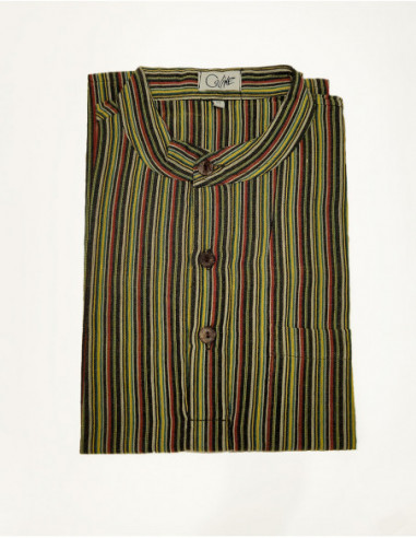 Chemise droite d'été pour homme en coton népalais rayures vert kaki