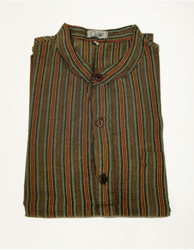 Short-sleeved cotton shirt for men Nepalese stripes khaki green