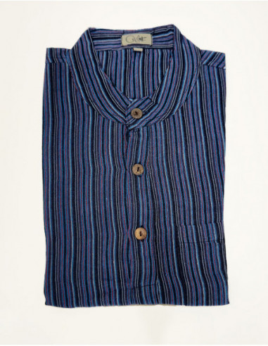 Men's summer straight shirt in navy blue Nepalese cotton stripes