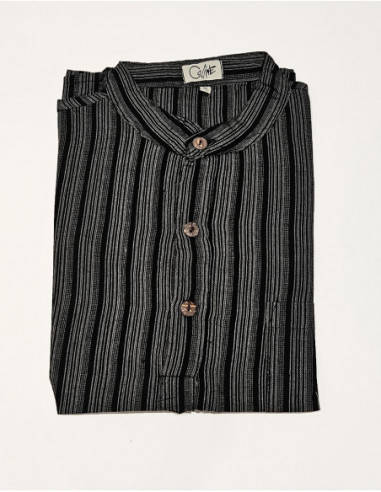 Men's summer straight shirt in black Nepalese cotton stripes