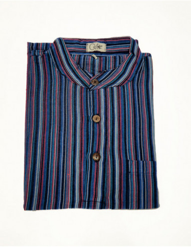 Men's long sleeve cotton shirt with navy blue Nepalese stripes